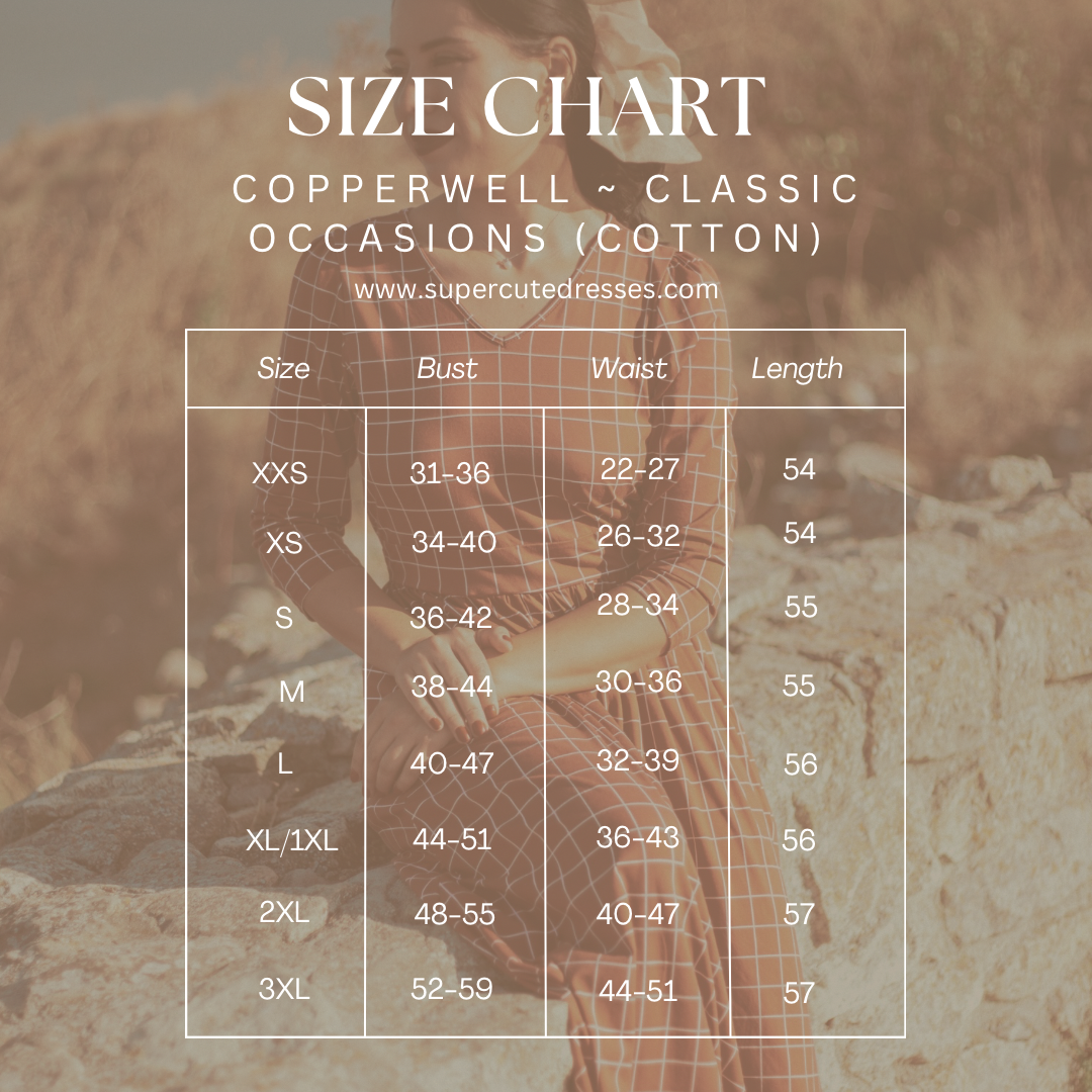 Size chart and measurement guide for Copperwell Classic Occasions modest maxi dress, showing nursing and non-nursing style options in sizes XXS through 3XL with detailed bust, waist, and length measurements for proper dress fitting