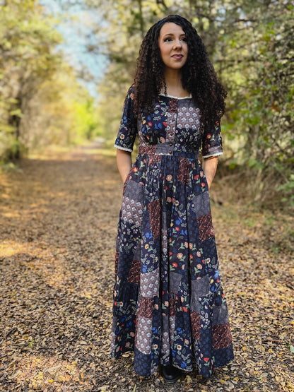 woman wearing a modest nursing patterned dress