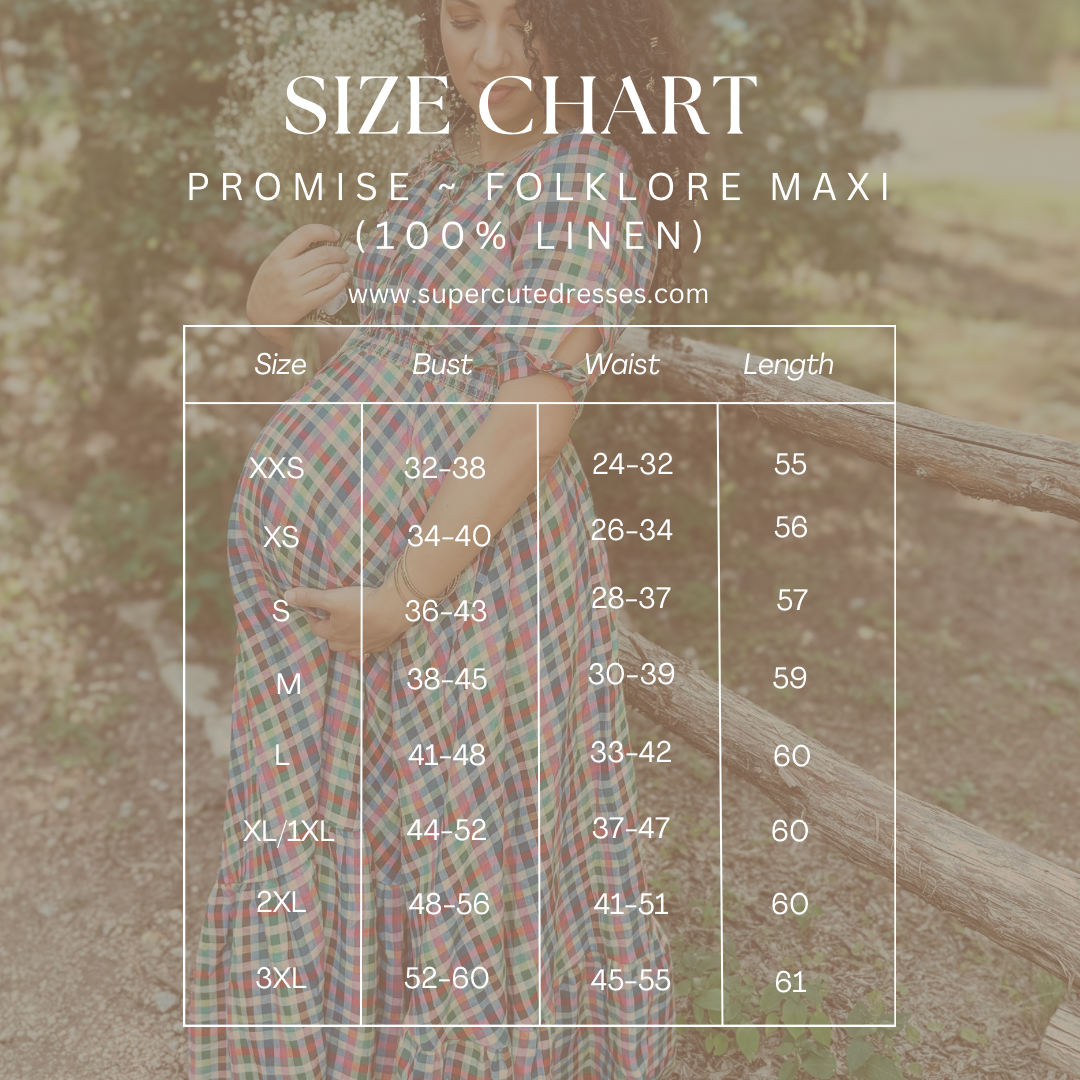 Size chart for 'Promise Folklore Maxi' dress with a blurred background of a person wearing the modest nursing dress.