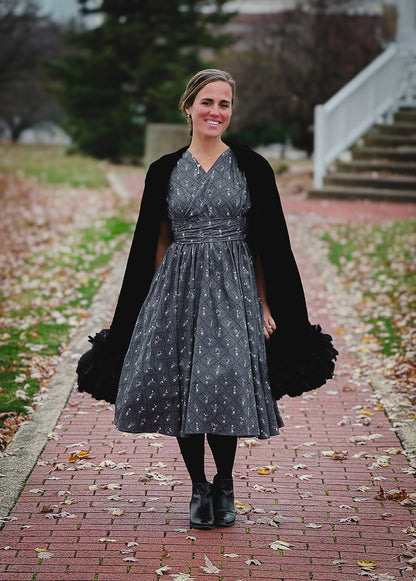 Modest nursing-friendly dark dress with black cardigan