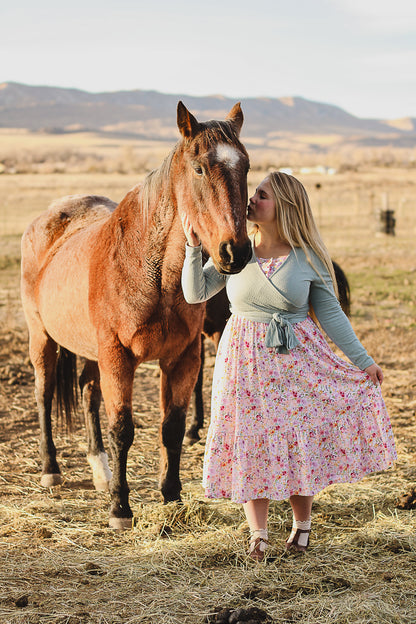 woman wearing a modest nursing floral dress