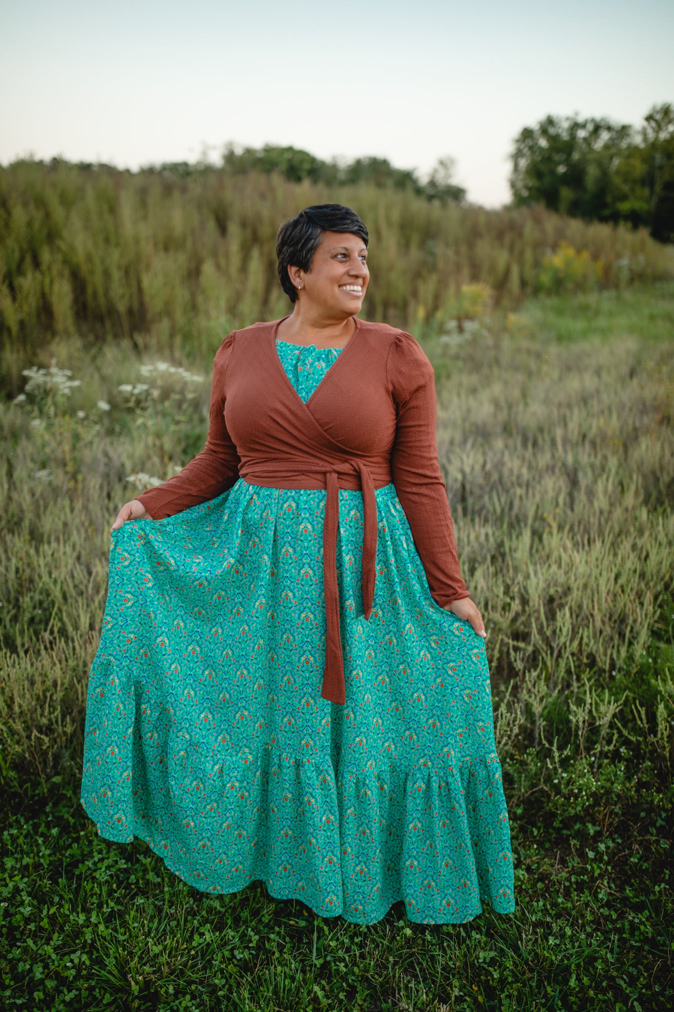 Woman in modest nursing dress with wrap top