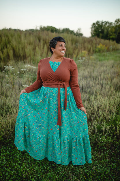 Woman in modest nursing dress with wrap top