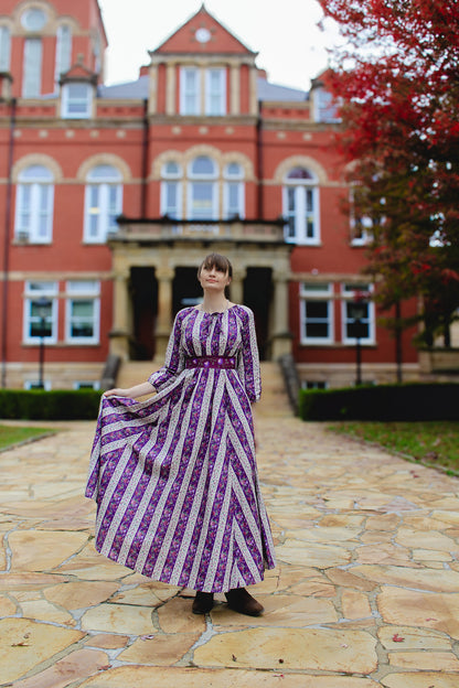 Modest nursing maxi dress in purple stripes