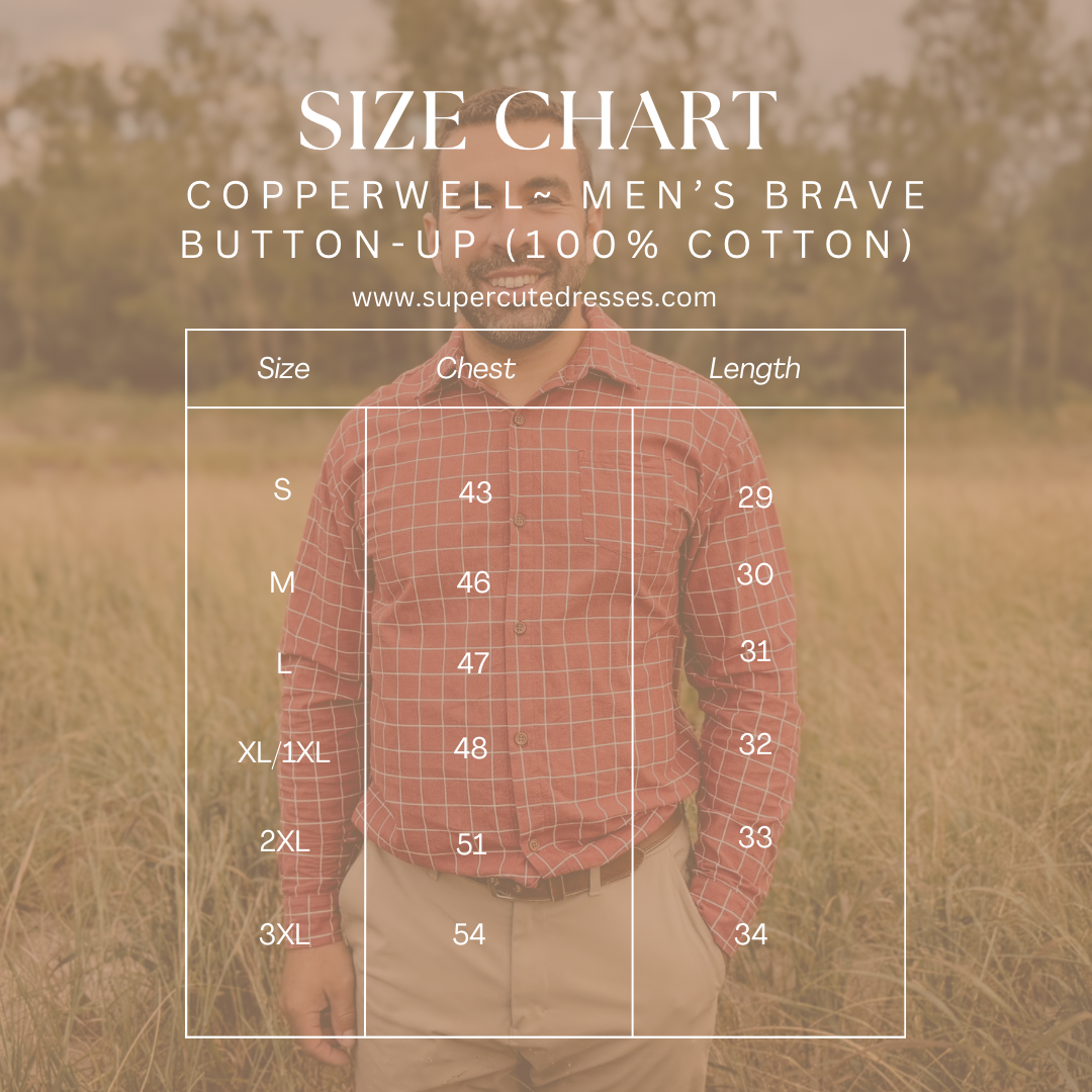 Size chart for Copperwell Men's Brave Button-Up shirt with a person wearing the shirt in a field.