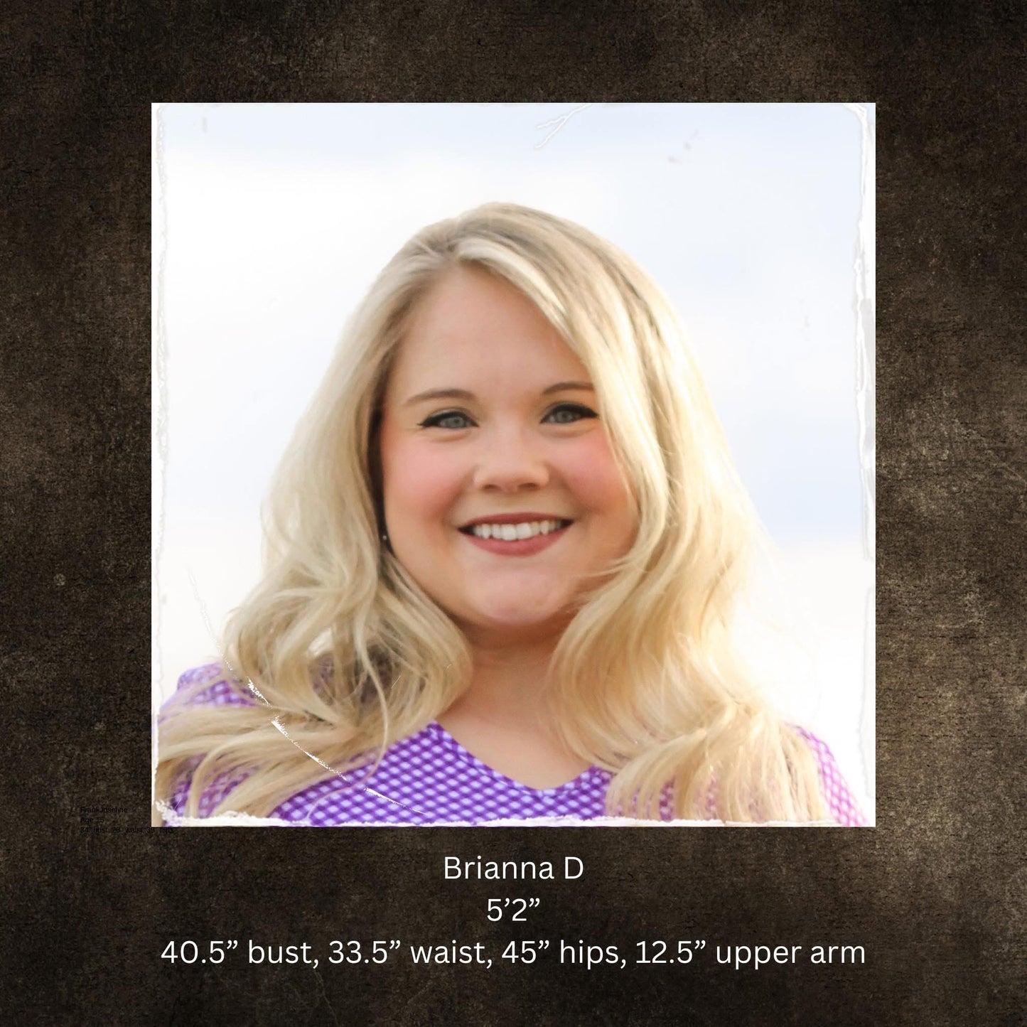 Woman with blonde hair wearing purple top on brown background