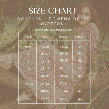 Size chart for Sojourn Rowena Dress with a model wearing the dress in the background.