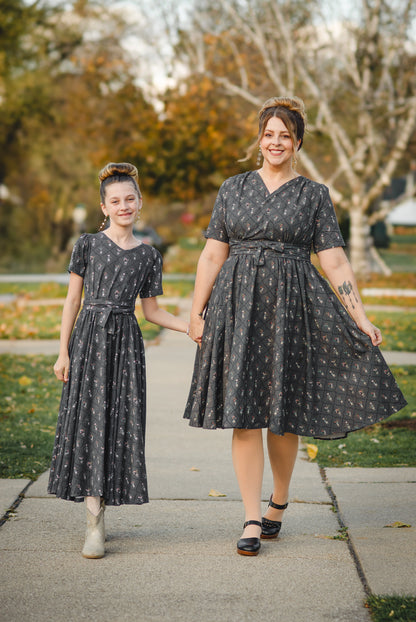 Modest nursing-friendly dress on woman with modest child dress