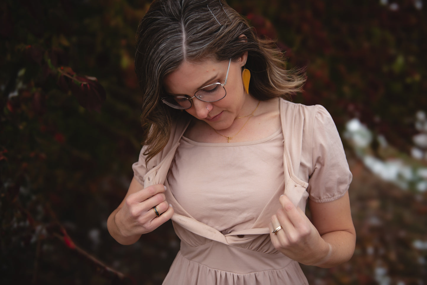 woman wearing a modest nursing floral dress