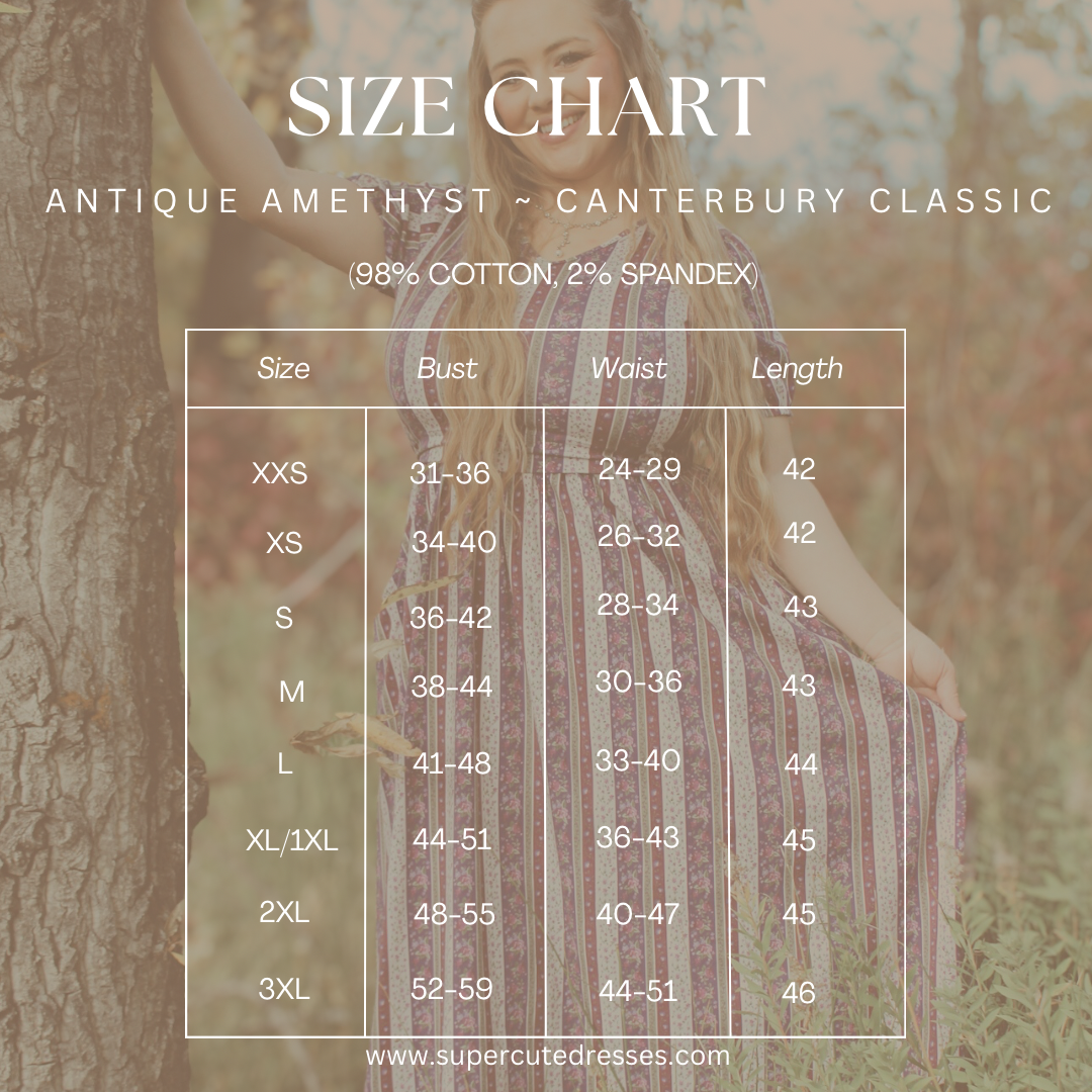 Size chart for Canterbury Classic dress