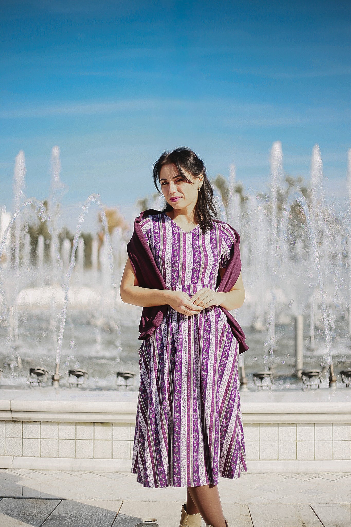 Modest nursing-friendly purple striped dress by fountain