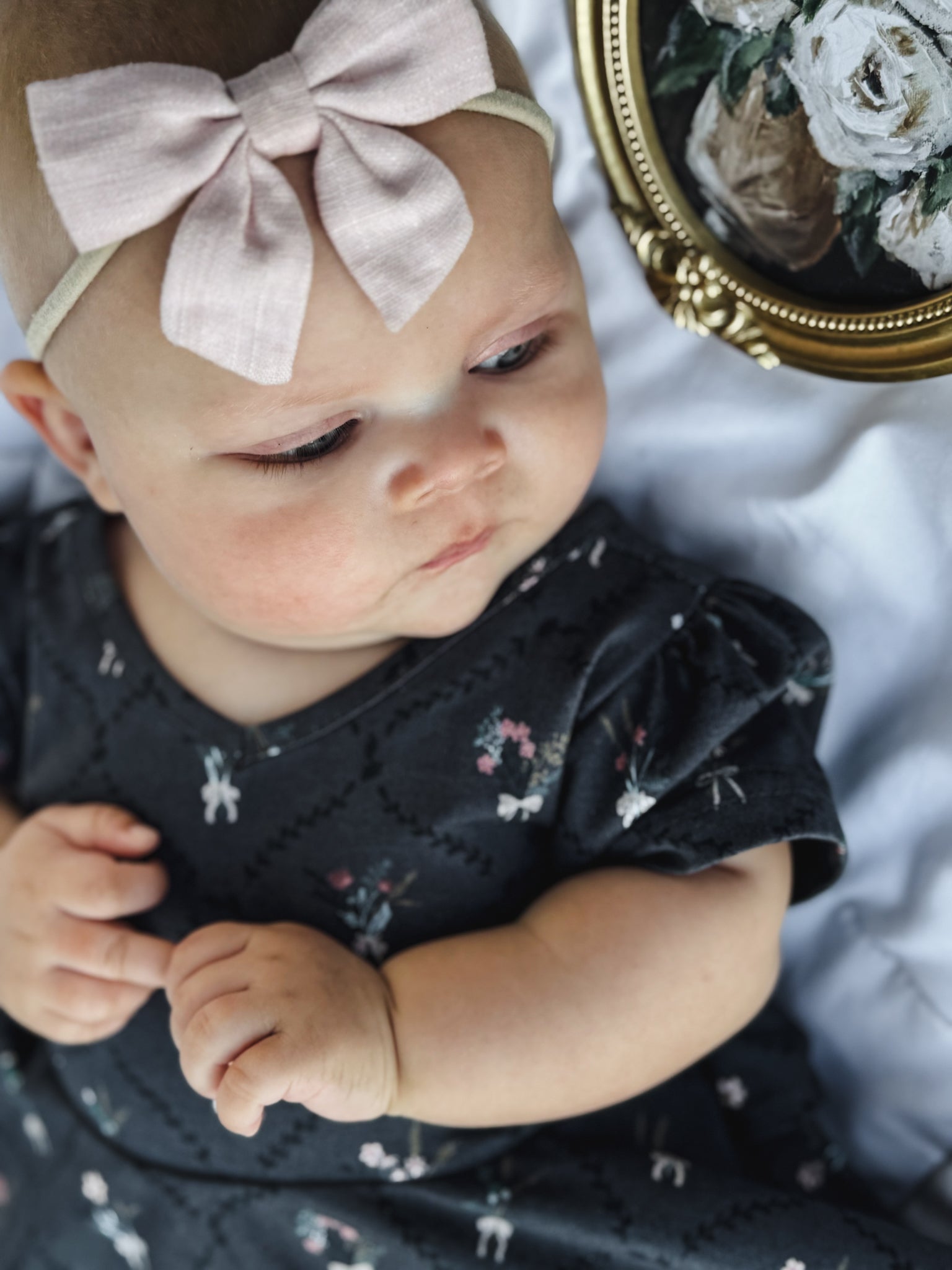 Modest baby dark floral dress pink headband