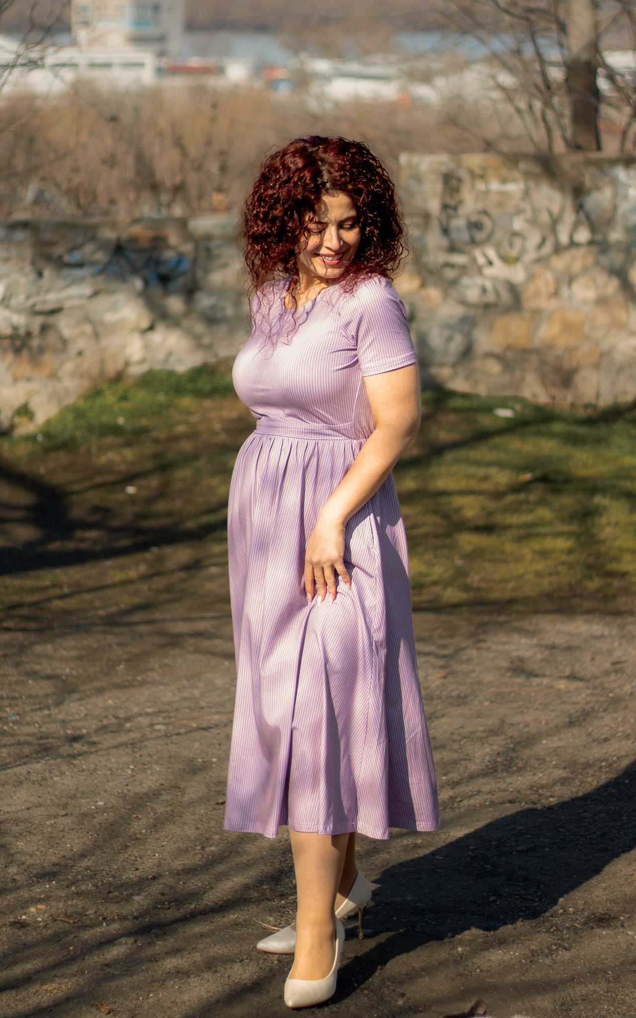 red hair lilac dress pink dress satin Giada Scarf-Detail Midaxi Dress in Blush Pink