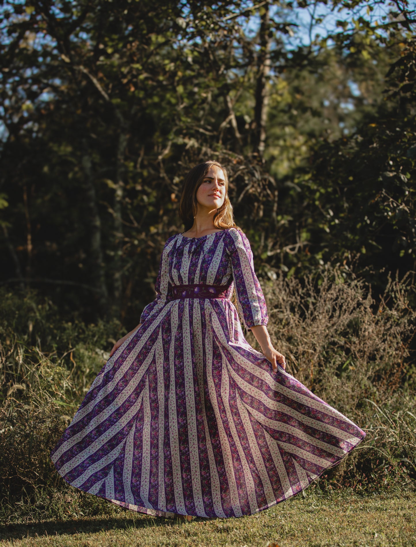 Modest nursing striped purple maxi dress outdoors