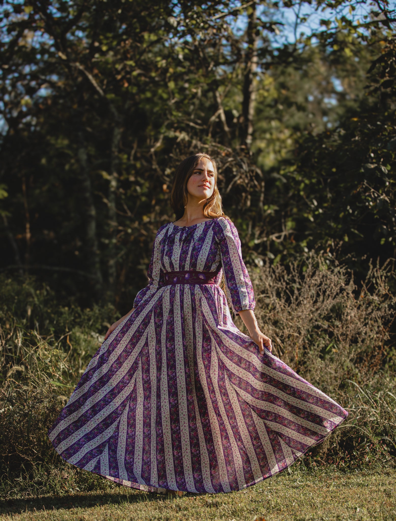 Modest nursing striped purple maxi dress outdoors