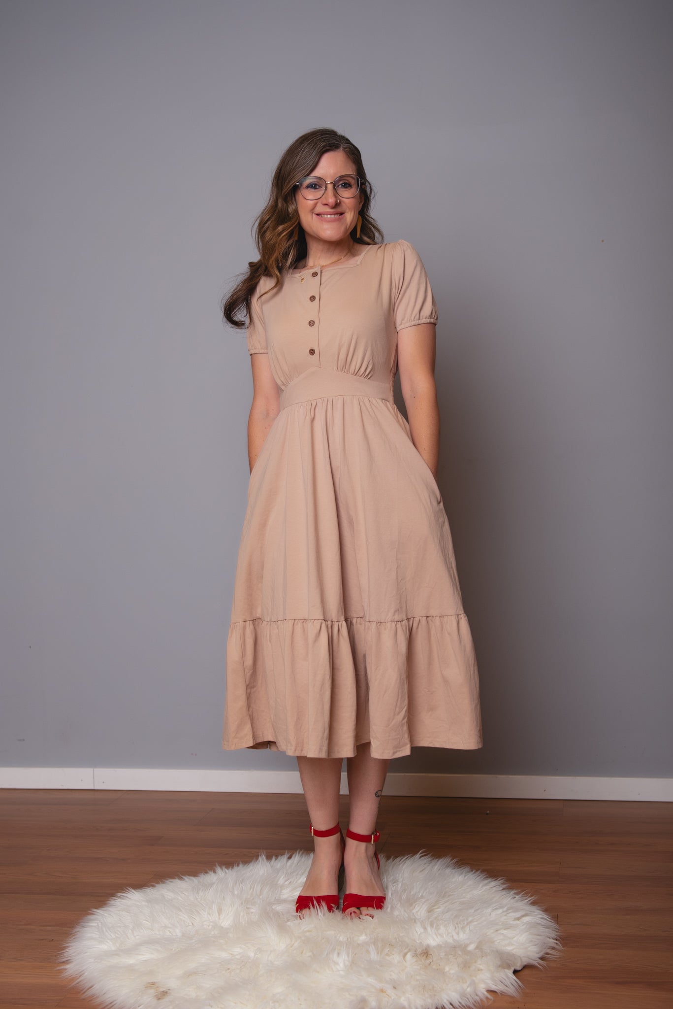 woman wearing a modest nursing floral dress