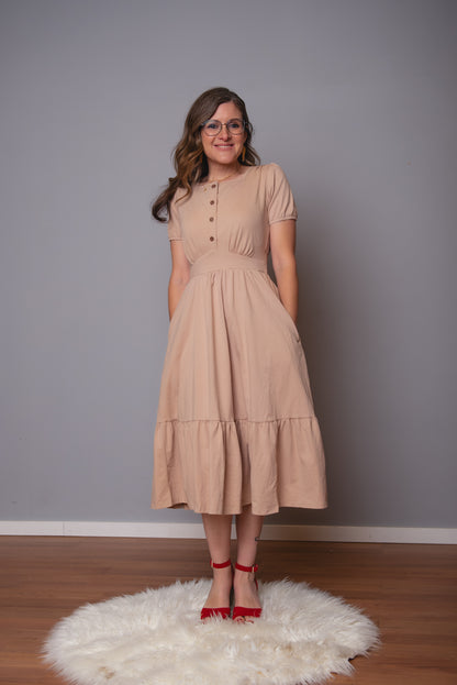 woman wearing a modest nursing floral dress