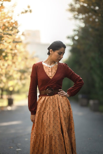 Woman in top tiered skirt outdoors