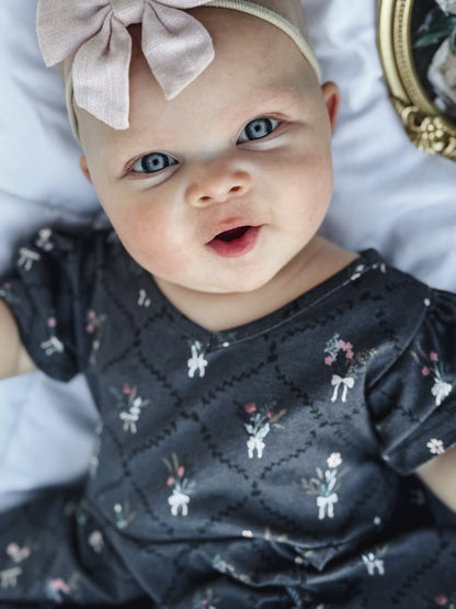 Modest baby dark floral dress pink headband