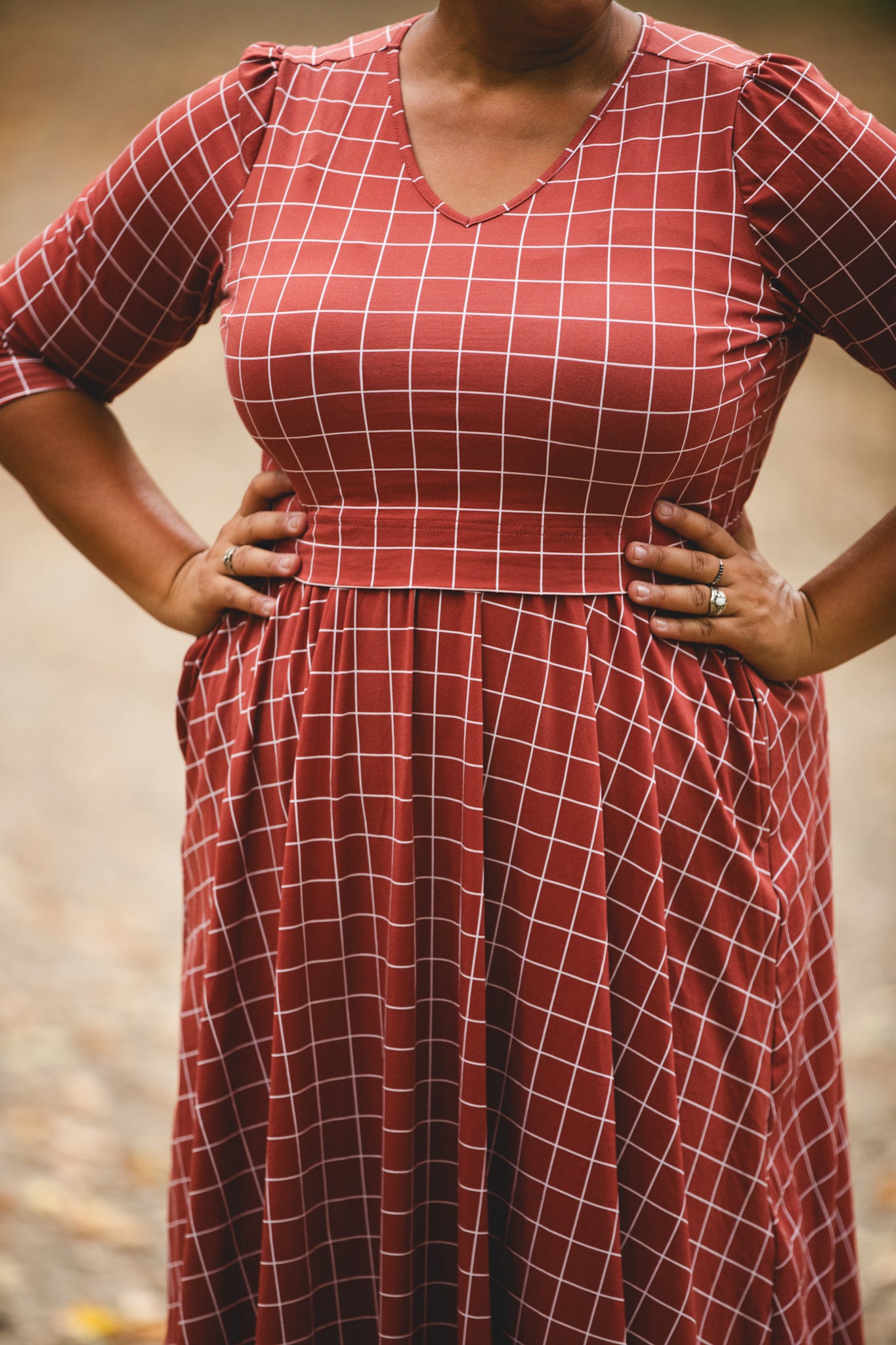 Modest nursing copper dress outdoors