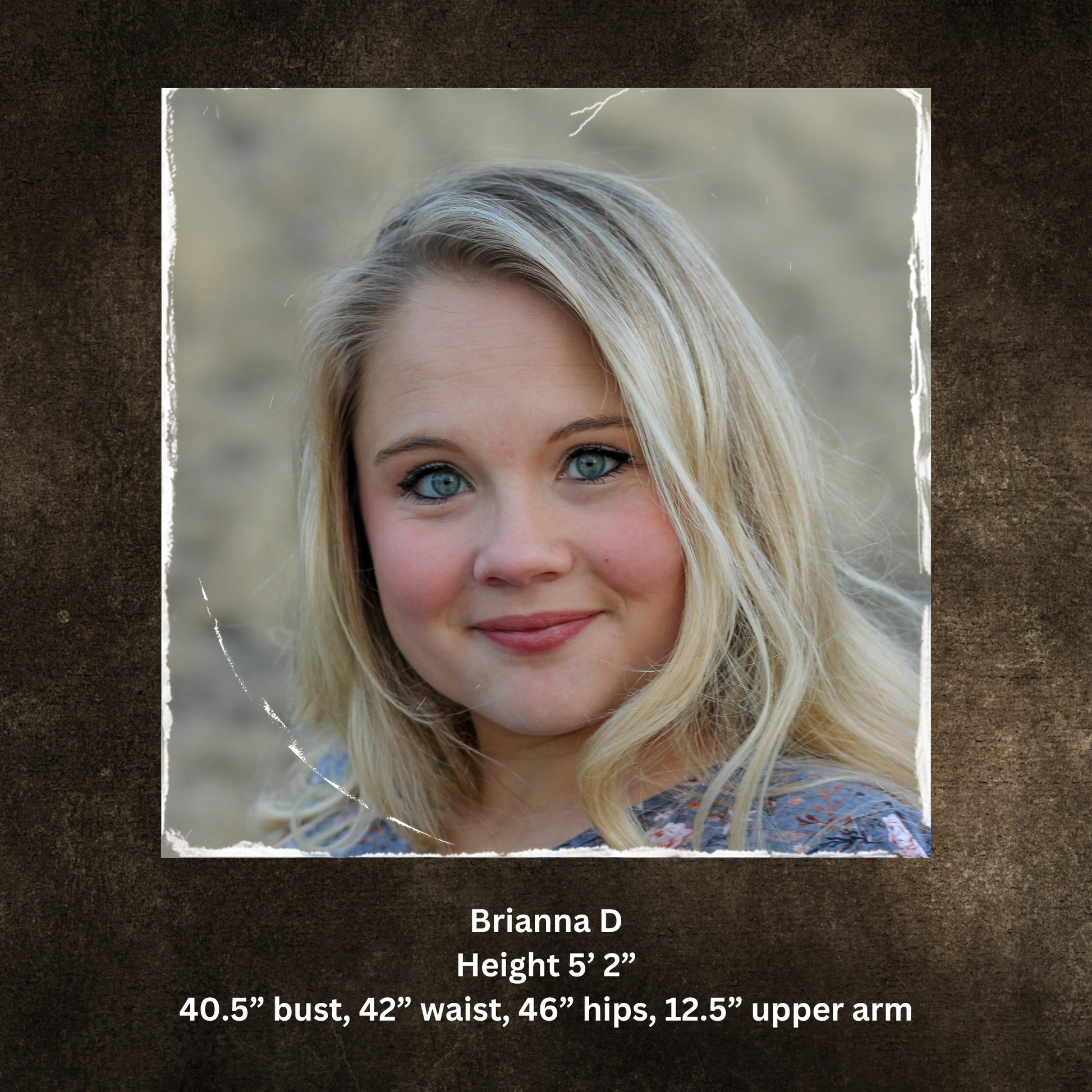 Portrait of a woman with text providing her height and measurements on a textured brown background