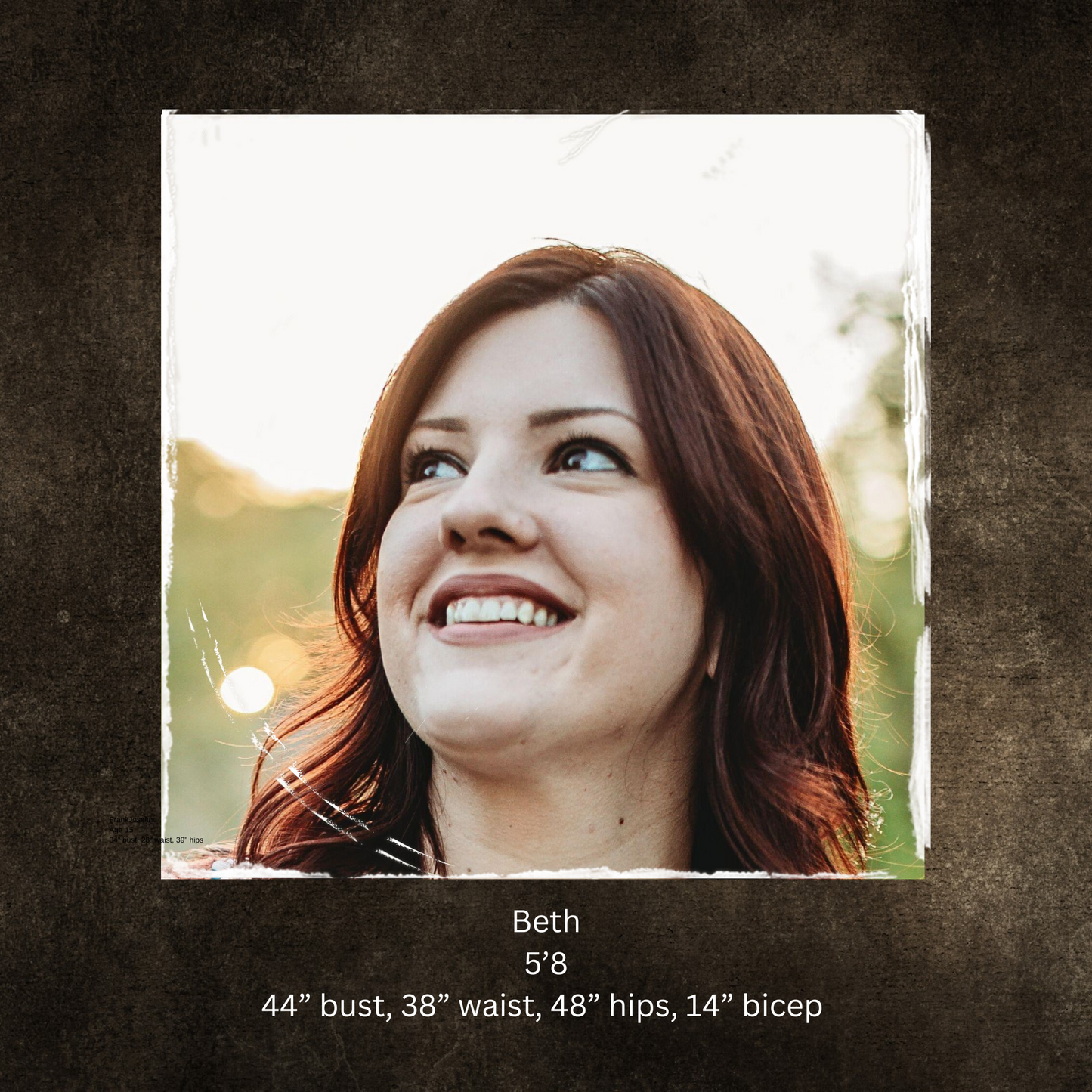 Woman with red hair smiling outdoors, with text about her measurements.