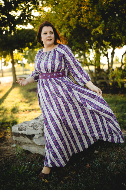 Modest nursing friendly purple striped maxi dress