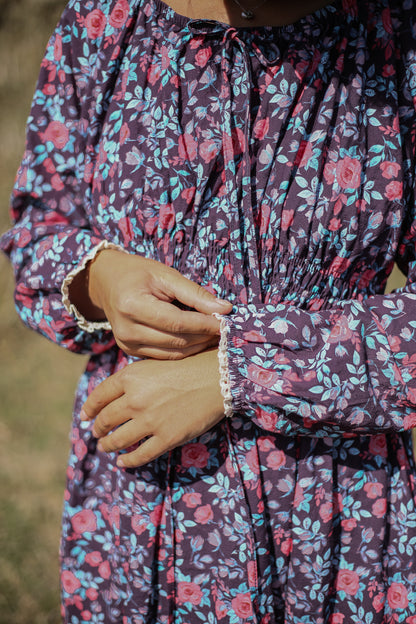 Modest nursing floral dress close-up detail