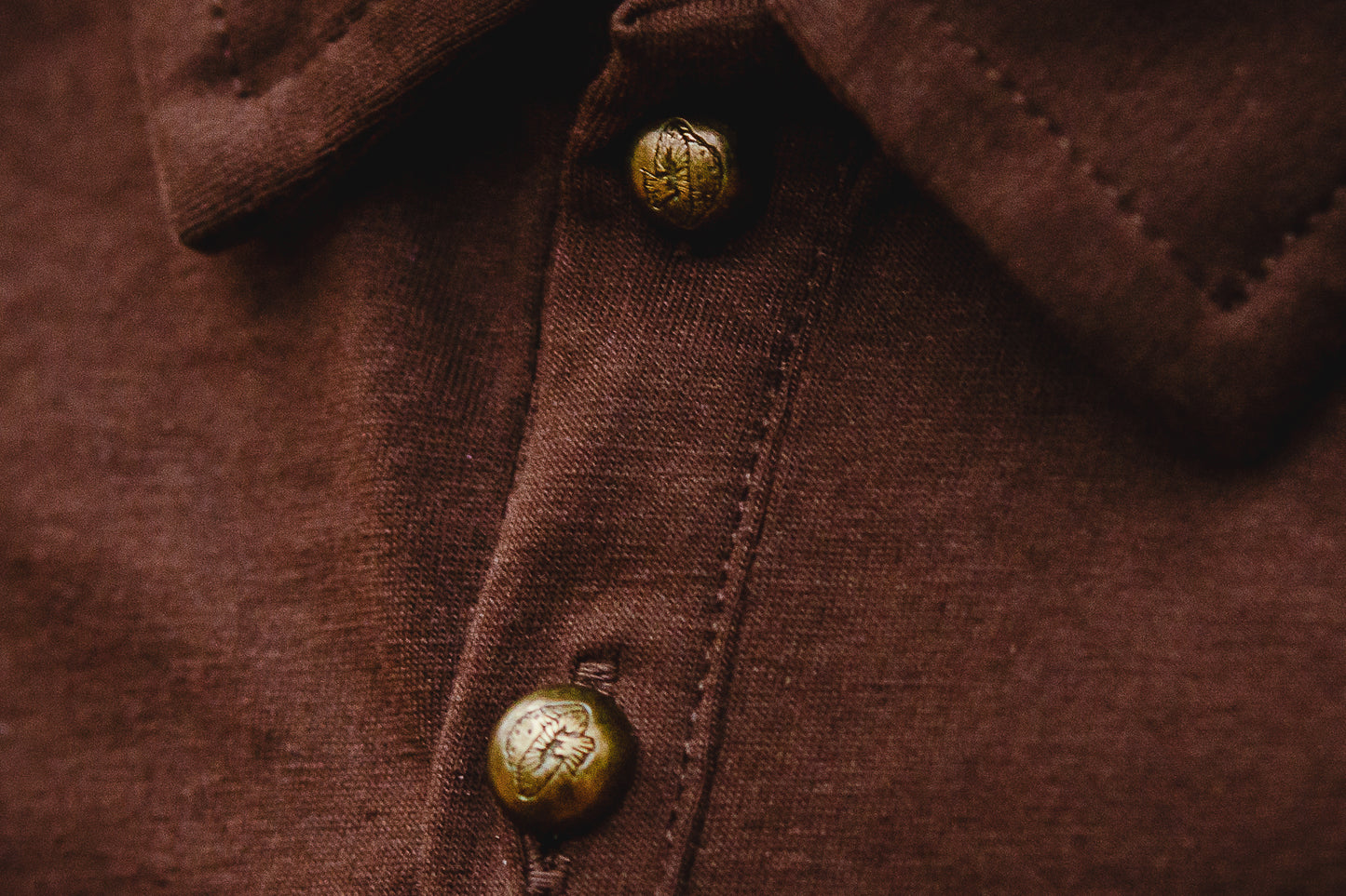 Brown polo detail with gold buttons