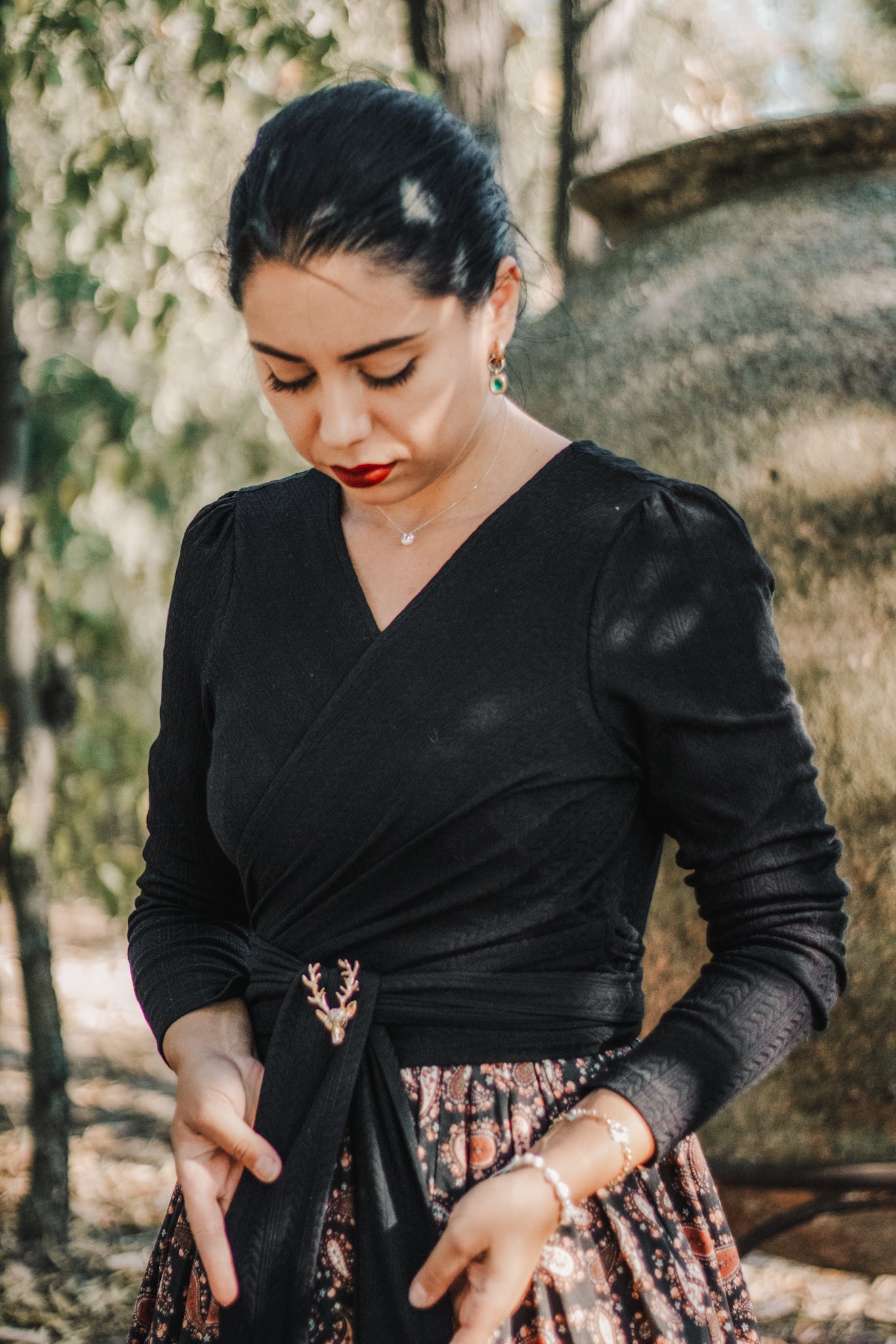 Woman in modest nursing dress outdoors
