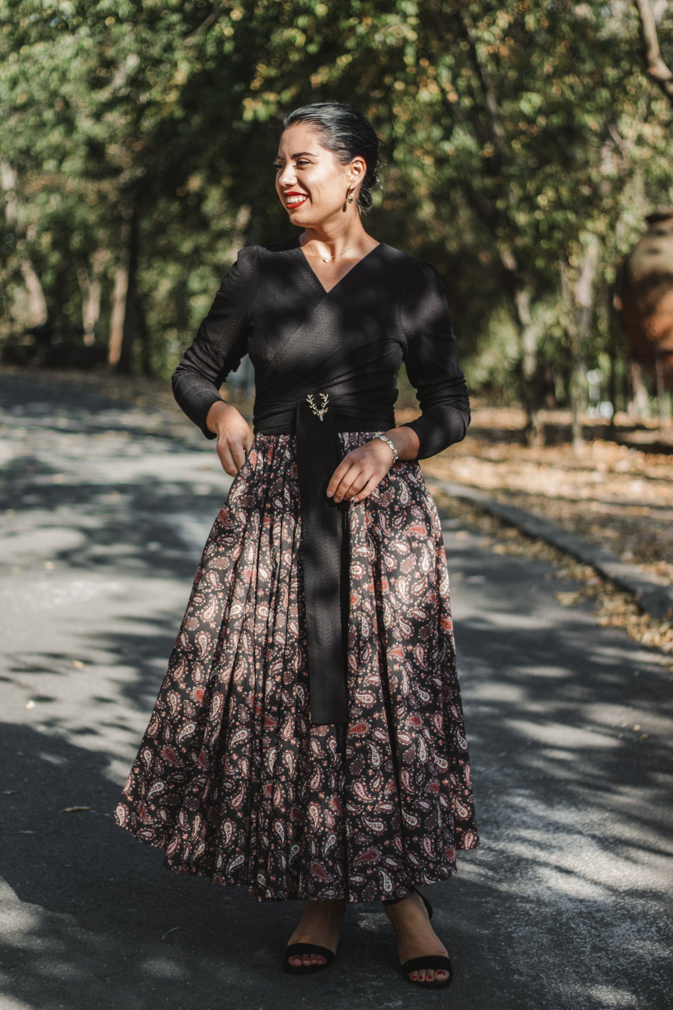 woman in a modest nursing dress outdoors