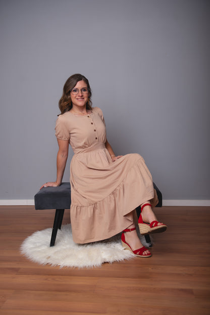 woman wearing a modest nursing floral dress