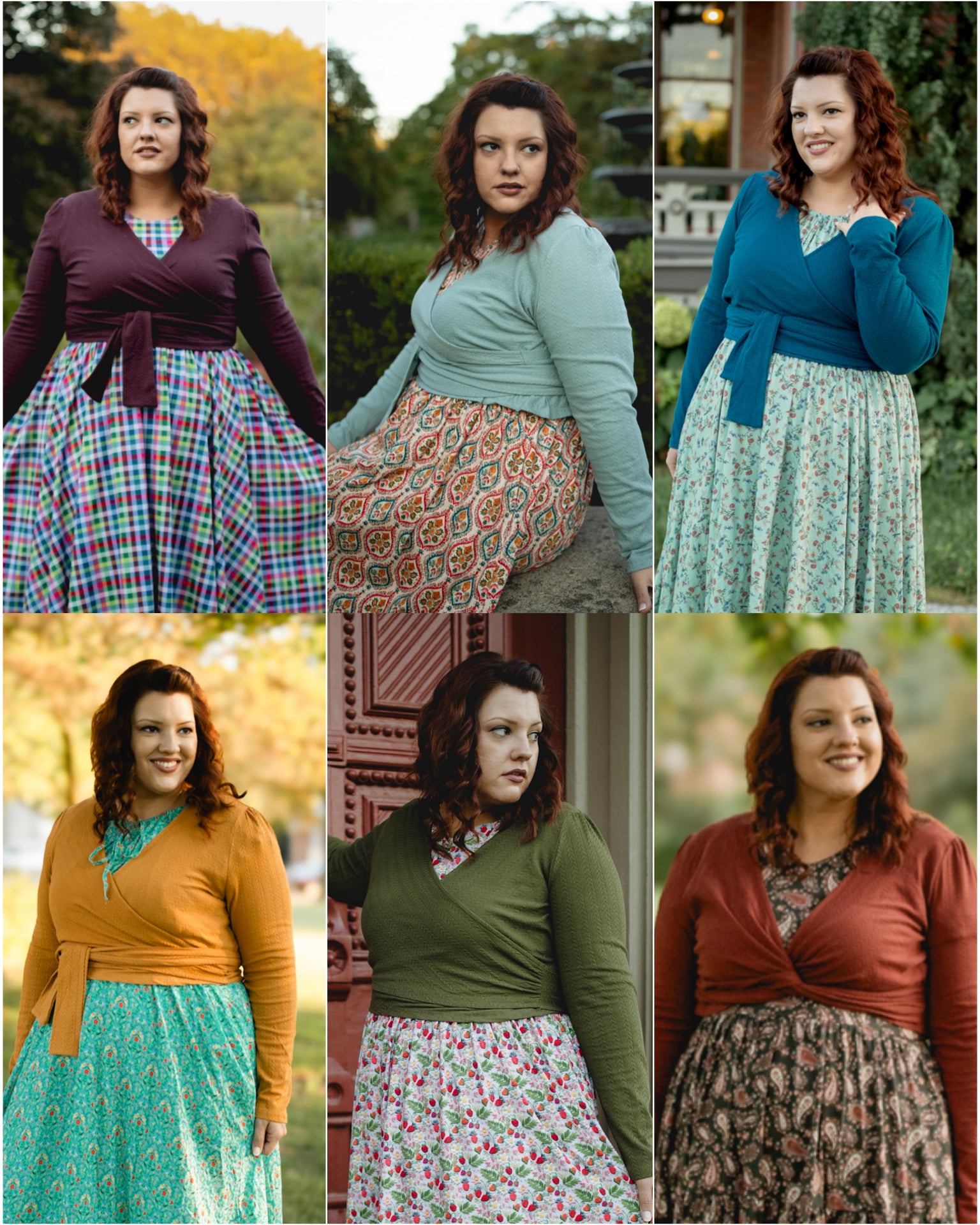 Woman modeling modest nursing-friendly wrap sweater in multiple colors