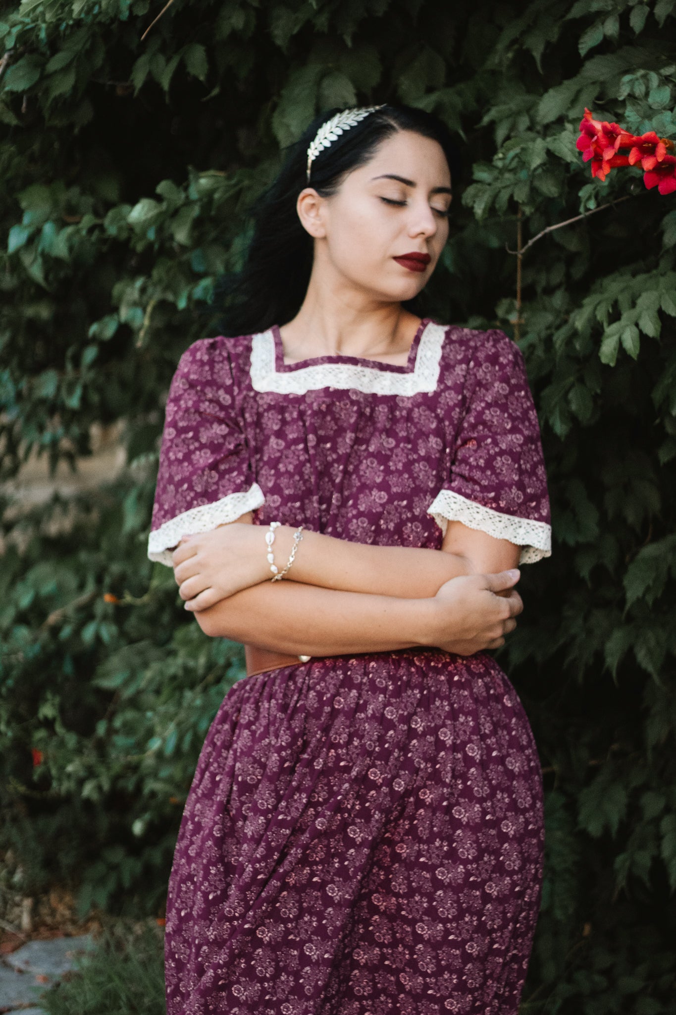 Woman in modest nursing dress with lace trim
