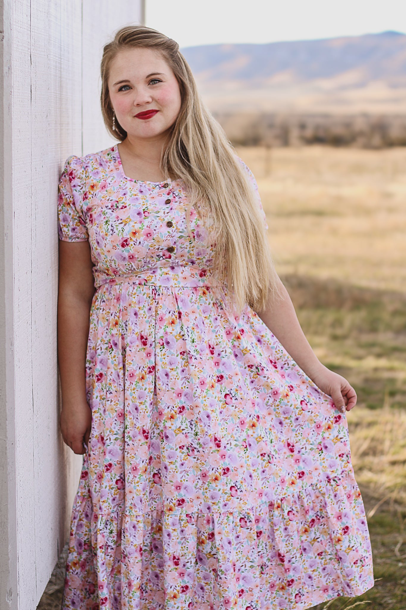 woman wearing a modest nursing floral dress