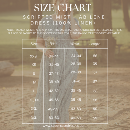 Size chart for a  modest blue nursing dress with a blurred background