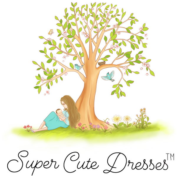 Illustration of a mother and child under a tree with 'Super Cute Dresses' branding.